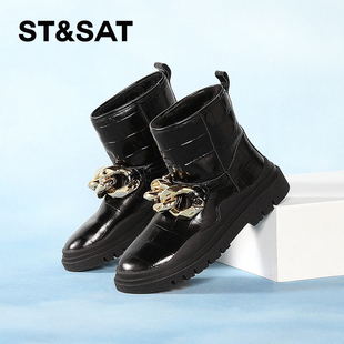 St&Sat 牛皮金属厚底雪地靴保暖绒里短靴女SS1411A774 星期六冬季