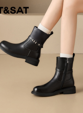 St&Sat/星期六秋冬新款侧拉链时装靴圆头厚底短靴女SSD4116CEV