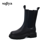 Safiya 索菲娅秋冬季 弹力烟筒靴圆头厚底增高中筒靴女SF14116026