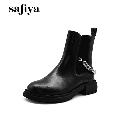 索菲娅牛皮英伦方跟烟筒靴女