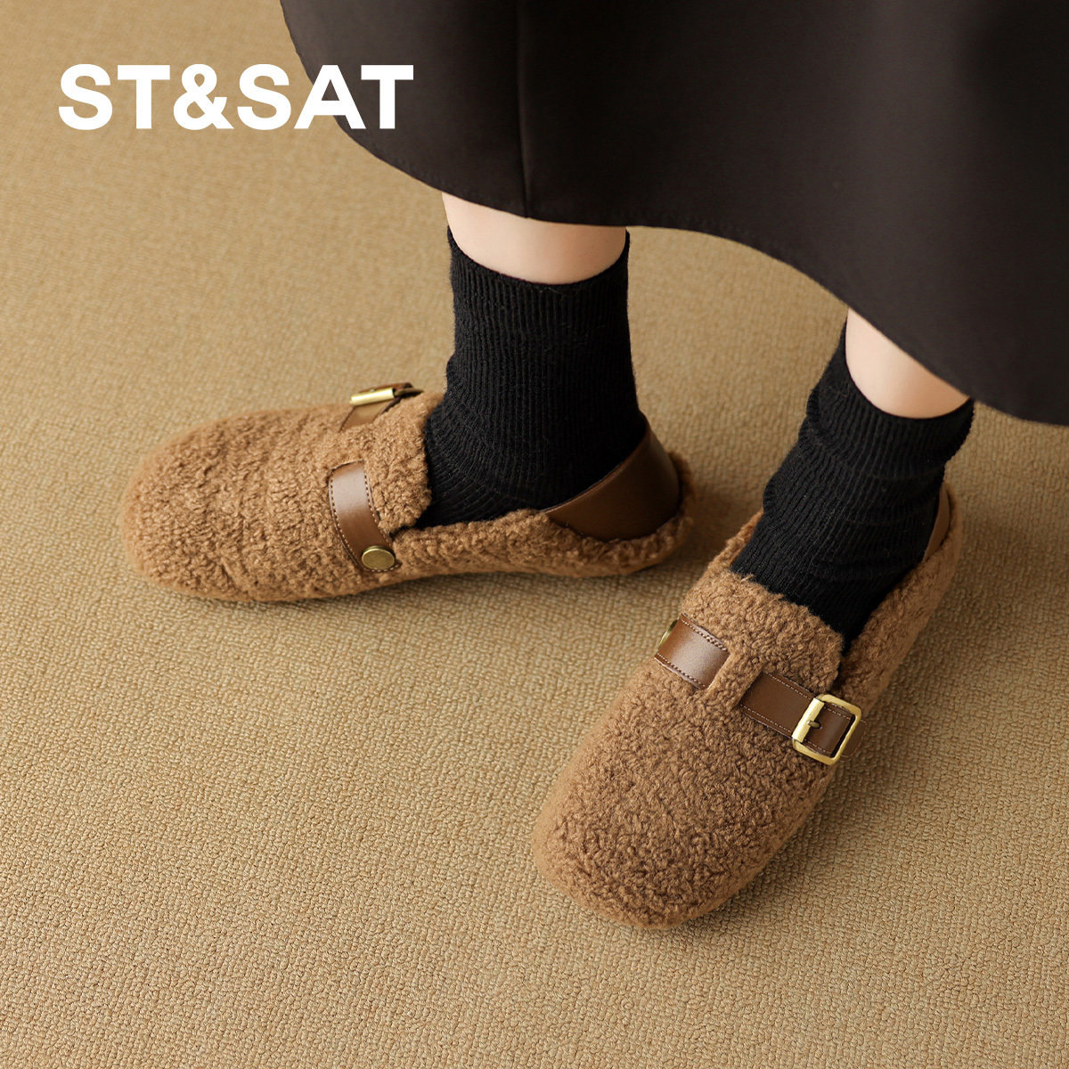 St&Sat/星期六冬季加绒保暖勃肯鞋一脚蹬平底毛毛鞋女SS341121NR,女鞋,勃肯鞋/软木鞋,淘宝优惠券,粉丝福利购,淘宝优惠卷