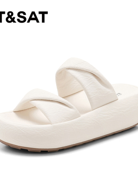 St&Sat/星期六夏季新款厚底增高外穿休闲一字凉拖鞋女SSD2110C0N