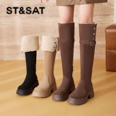 St&Sat 星期六冬季 加绒保暖骑士靴厚底两穿过膝长靴女SSC4119CVW