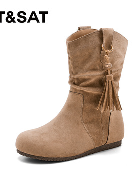 St&Sat/星期六秋冬流苏西部牛仔靴内增高时装短靴女SSD3116CGS