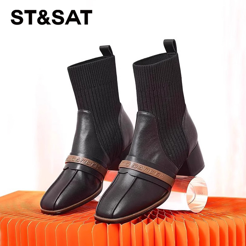 星期六牛皮复古方头粗跟弹力靴女