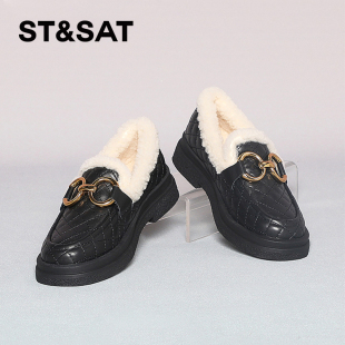 羊皮雪地靴厚底保暖绒里乐福鞋 女SS1411A100 星期六冬季 St&Sat