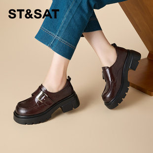 女SSD3111WED 保暖绒里英伦小皮鞋 St&Sat 星期六秋冬粗高跟乐福鞋