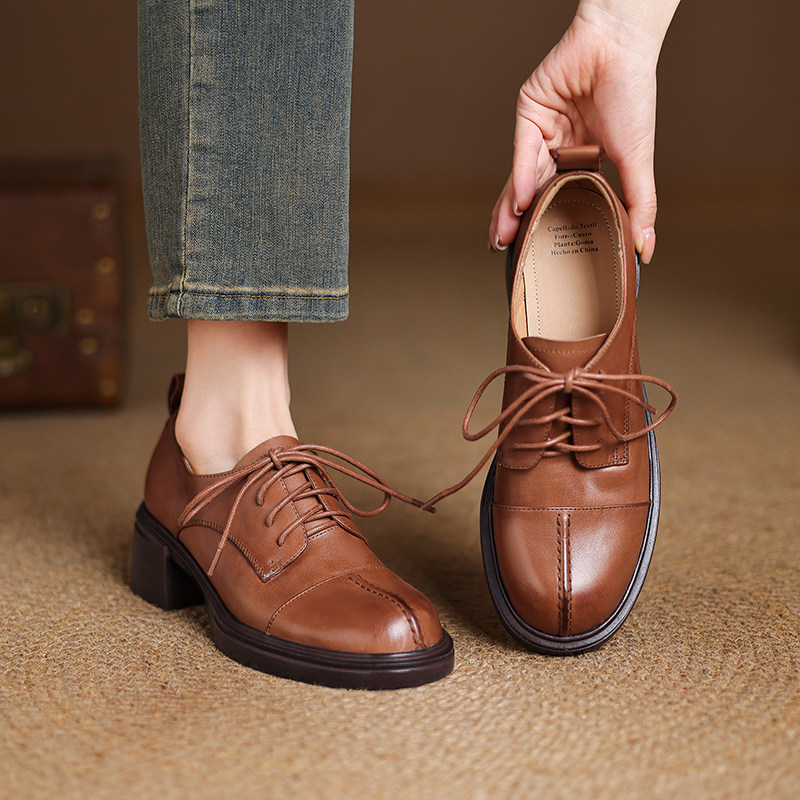 头层水系牛皮单鞋女2025新款深口布洛克系带女鞋粗跟中跟圆头40码,女鞋,深口单鞋,淘宝优惠券,粉丝福利购,淘宝优惠卷