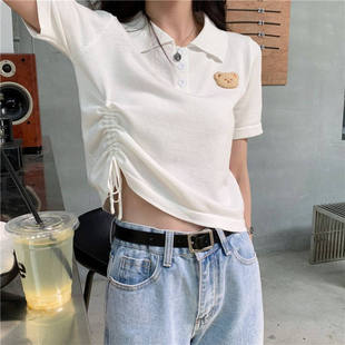 抽绳系带小心机设计感紫色上衣女短款 翻领正肩短袖 T恤小熊polo衫
