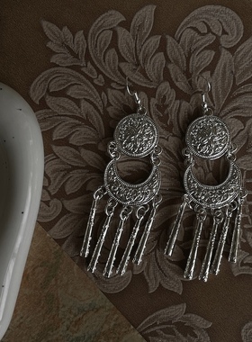 观苍月白仿苗银耳环镀银圆形几何雕花新中式民族风耳夹银色仿古