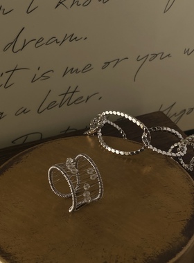 上新9折 水幕珠帘法式复古镂空线条珠珠开口百搭戒指可调节宽指环