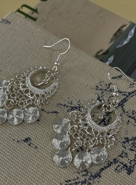 捕梦网仿苗银耳环复古新中式中国风流苏夸张耳饰度假民族镀银耳夹