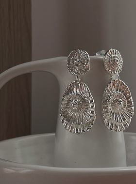 漩涡 重工复古民族风夸张镀银耳环质感椭圆耳钉立体花纹925银原创