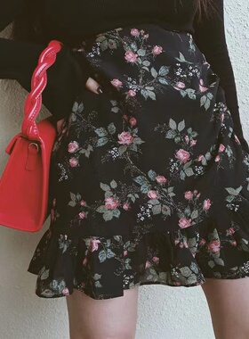 复古碎花半身裙女夏a字裙大码胖MM新款雪纺高腰裙遮胯荷叶边短裙