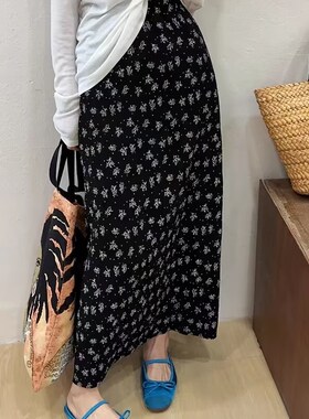 高腰黑色小碎花半身裙女春秋新款显瘦直筒宽松a字中长裙遮跨长裙