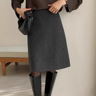 高级羊毛呢过膝直筒中裙女冬季 高腰通勤气质百搭半身裙加厚包臀裙