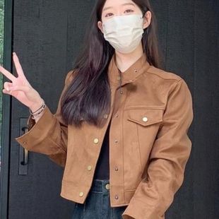 立领鹿皮绒外套女宽松显瘦2023早秋新短款长袖夹克百搭上衣小个子