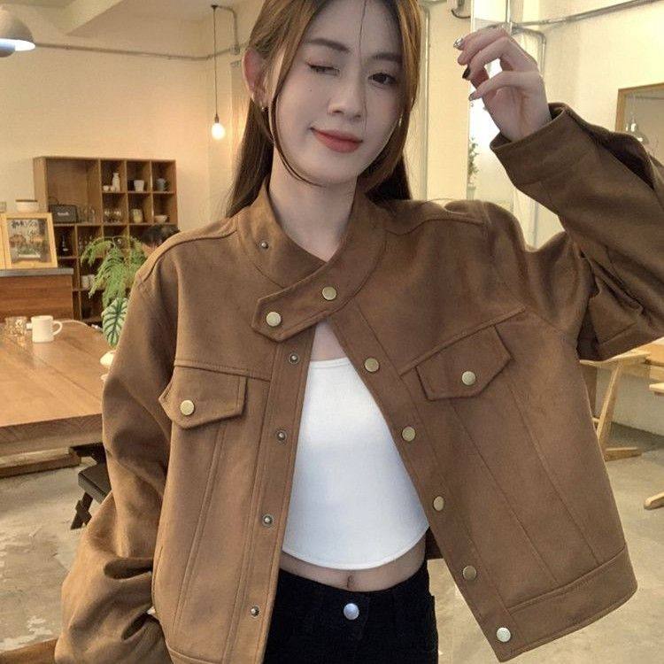 美拉德穿搭立领洋气外套女秋冬高级感复古宽松短款夹克麋鹿皮外套