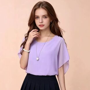 2026欧美新款雪纺衫短袖夏季装大码女装显瘦蝙蝠学生上衣宽松t恤