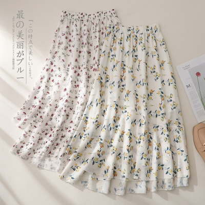 中长裙A字碎花雪纺半身裙女