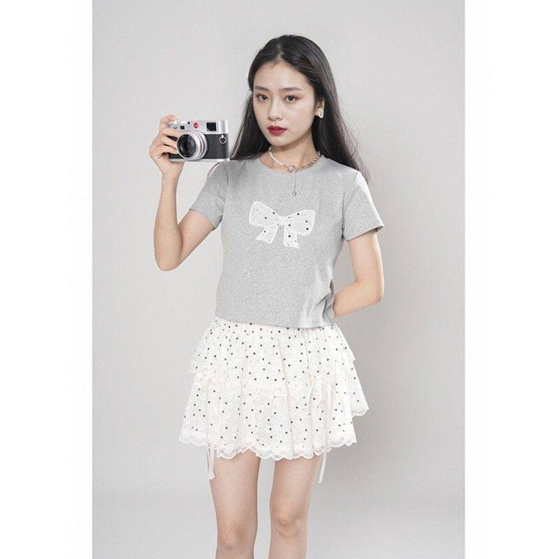 短款上衣蝴蝶结T恤女蛋糕裙夏季小个子高腰蕾丝波点短裙短袖套装