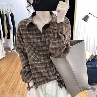 春秋棉百搭格子长袖衬衫女款polo领减龄上衣2025新款内搭打底衬衣
