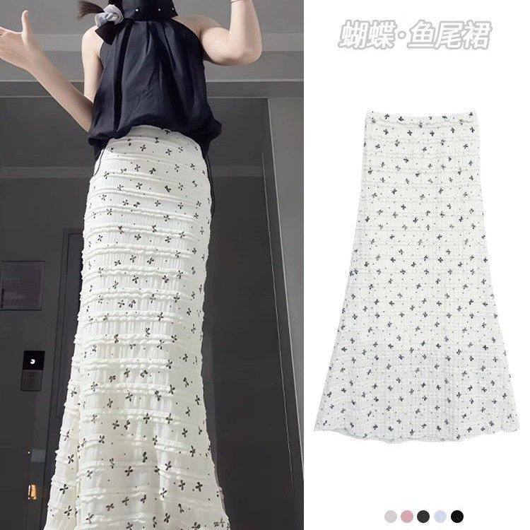 白色蝴蝶结碎花鱼尾长裙女夏季2025新款修身显瘦半身裙纯欲包臀裙,女装/女士精品,半身裙,淘宝优惠券,粉丝福利购,淘宝优惠卷