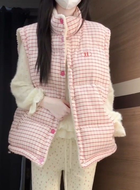 2025森系甜美复古学院风羊羔绒拼接双面穿棉服马甲女学生冬季新款