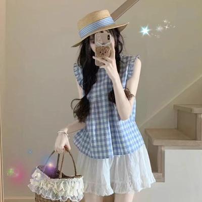 法式甜美蓝色格子衬衫女木耳边夏日绝美漂亮小飞袖上衣无袖娃娃衫