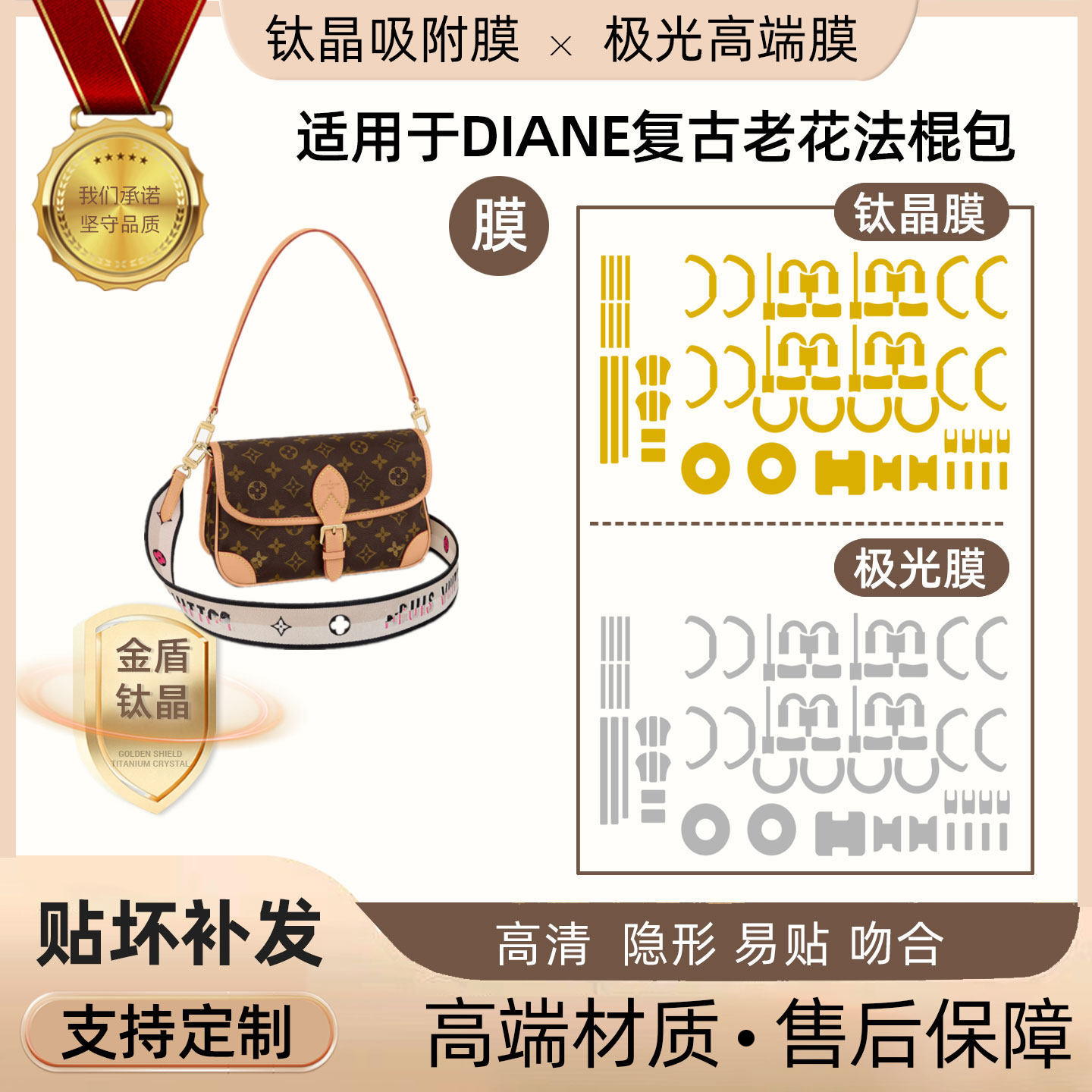 适用于LV 2022早春新款Diane复古老花法棍包五金贴膜防剐蹭极光膜
