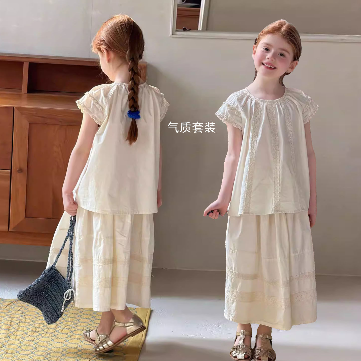 女童套装2026夏季新款儿童重工飞袖蕾丝娃娃衫纯棉半身裙两件套