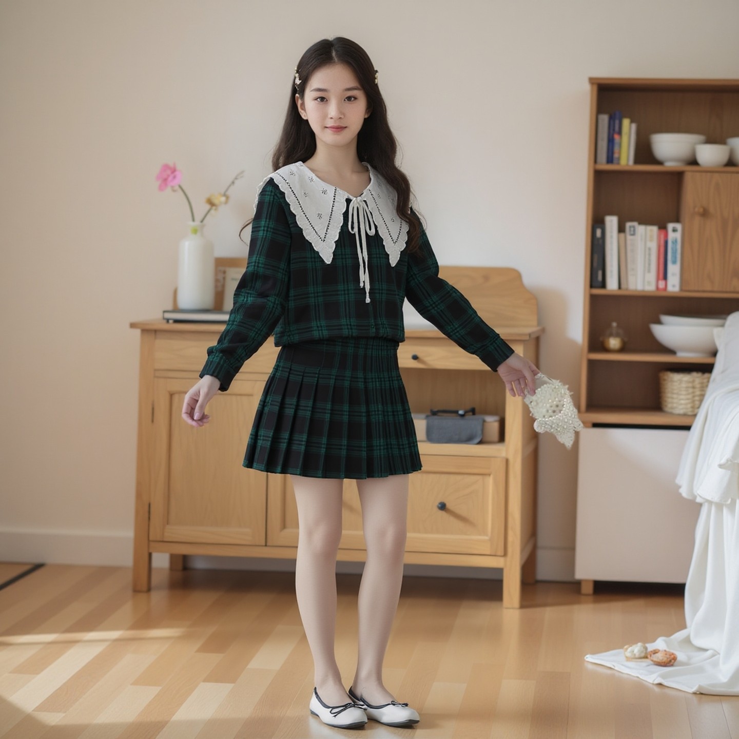 2026春新款女童翻领墨绿色长袖短款上衣+格子百褶半身裙两件套装,童装/婴儿装/亲子装,套装,淘宝优惠券,粉丝福利购,淘宝优惠卷
