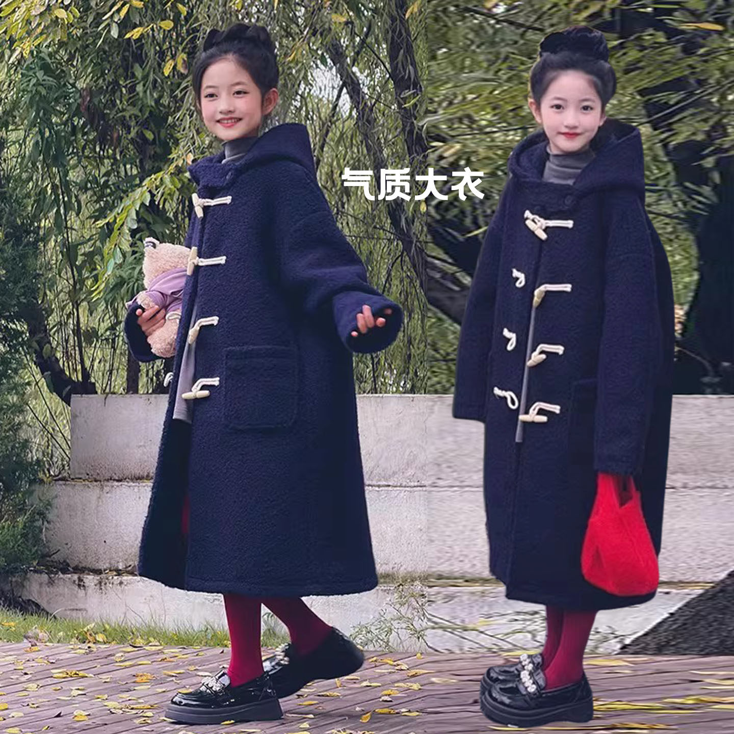 2025新款冬季装女童毛呢外套洋气女孩牛角扣连帽大衣中长保暖风衣,童装/婴儿装/亲子装,风衣,淘宝优惠券,粉丝福利购,淘宝优惠卷