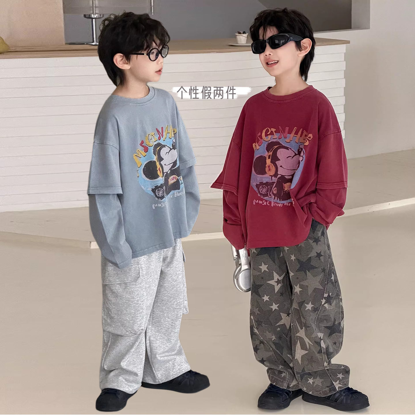 2026春新款儿童圆领卡通假两件宽松T恤落肩柔软棉质打底衫3-15岁,童装/婴儿装/亲子装,T恤,淘宝优惠券,粉丝福利购,淘宝优惠卷