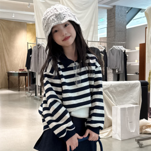 百搭上衣儿童条纹翻领polo衫 花与寻女童polo衫 韩版 2025秋季 新款