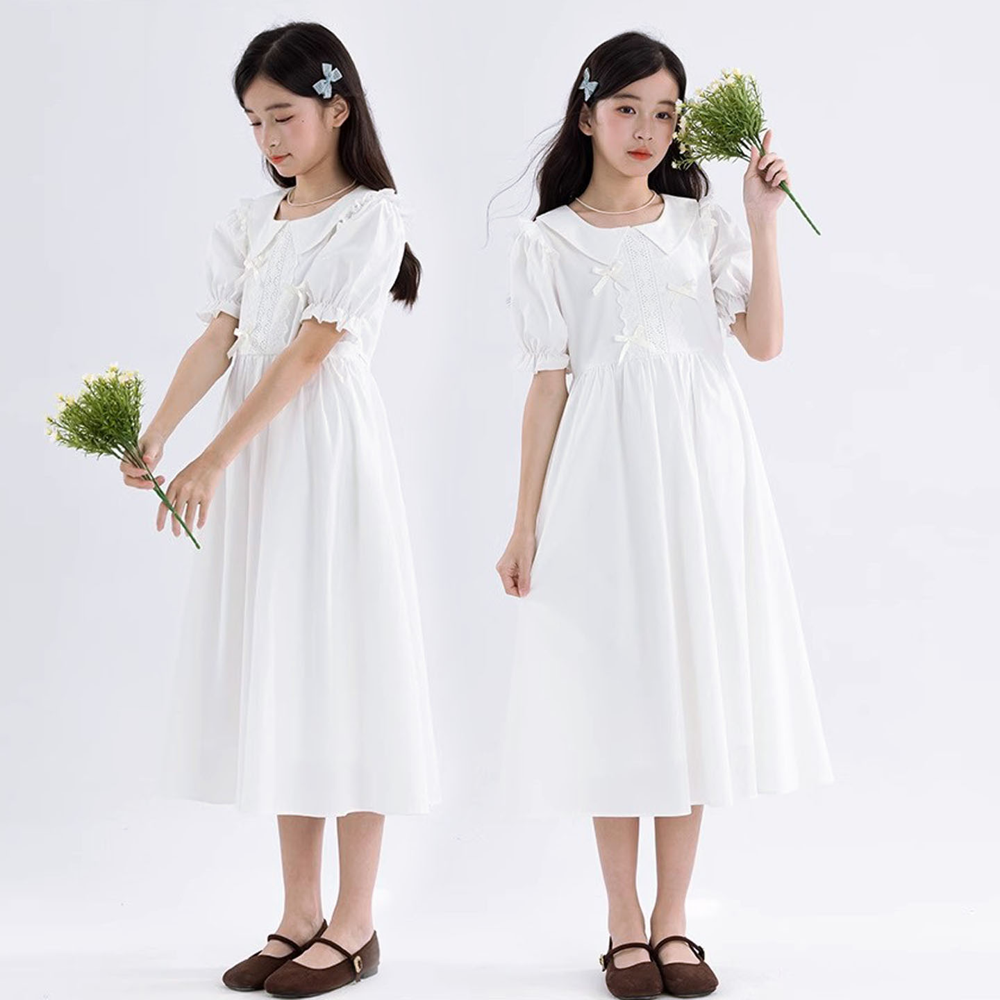 2025夏季新款女童连衣裙纯棉娃娃领蝴蝶结蕾丝拼接白色过膝长裙