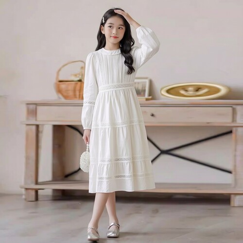 又美又仙女童度假优选白色长裙