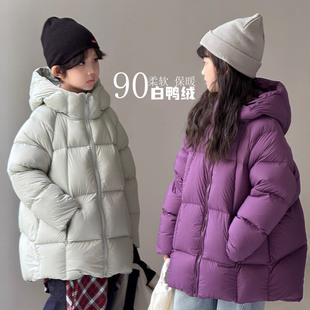 儿童中长羽绒服2025冬季新款男童紫色A字版中大童加厚白鸭绒外套