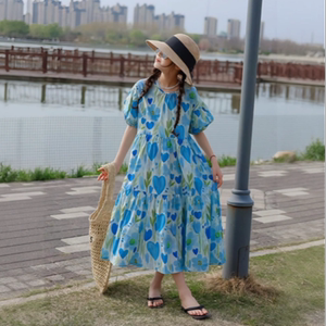 女童蓝色度假连衣裙韩版夏季短袖沙滩裙中大童碎花裙洋气女孩长裙