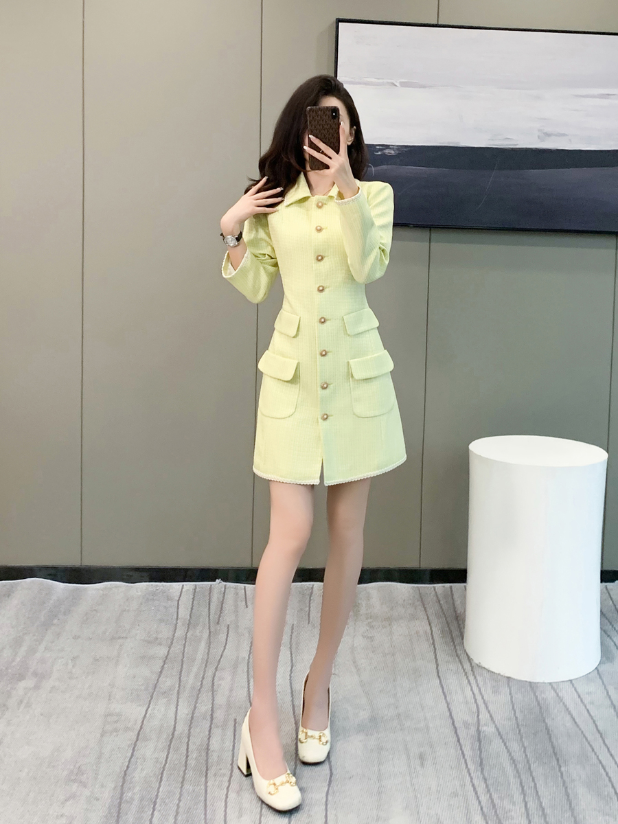 小香风a字裙涤纶纯色纽扣