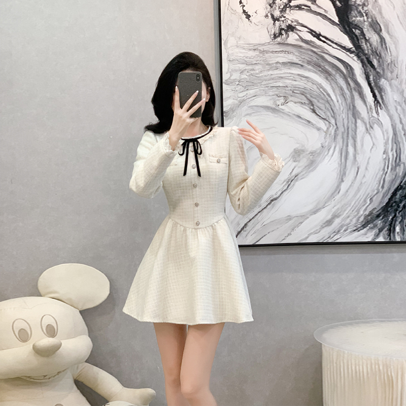 小香风a字裙涤纶纯色木耳边