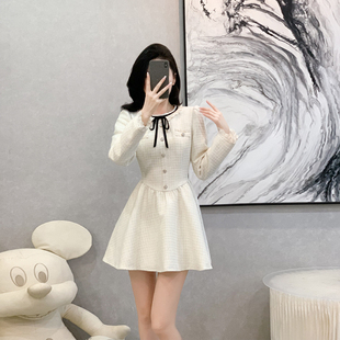 法式富家千金小香风长袖连衣裙女秋季新款高级感收腰短裙子小个子