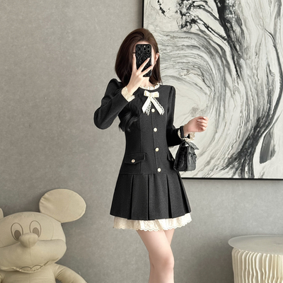 法式小香风显瘦A字百褶连衣裙