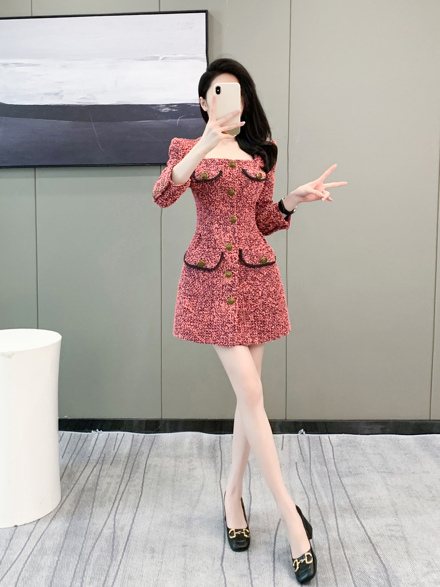 小香风a字裙涤纶纯色口袋