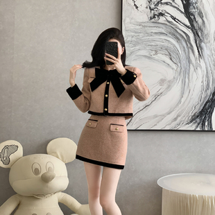 小香风蝴蝶结短外套短裙套装女2026秋冬季名媛高级感半身裙两件套