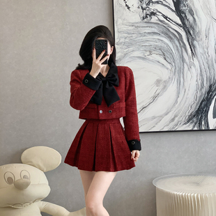 小香风时尚 裙女秋冬新年战袍小个子穿搭一整套百褶半裙两件套 套装