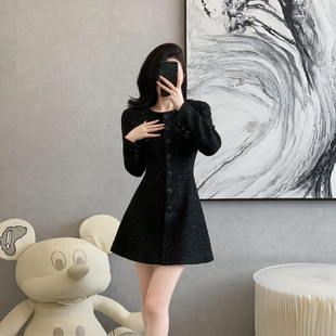 高级感黑色亮片重工法式连衣裙女秋冬季小香风粗花呢小黑裙小个子