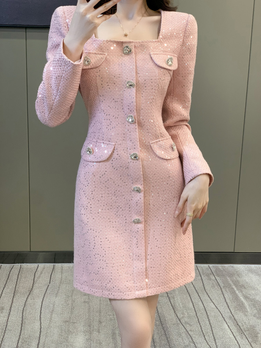 小香风A字裙粗花呢亮片纽扣