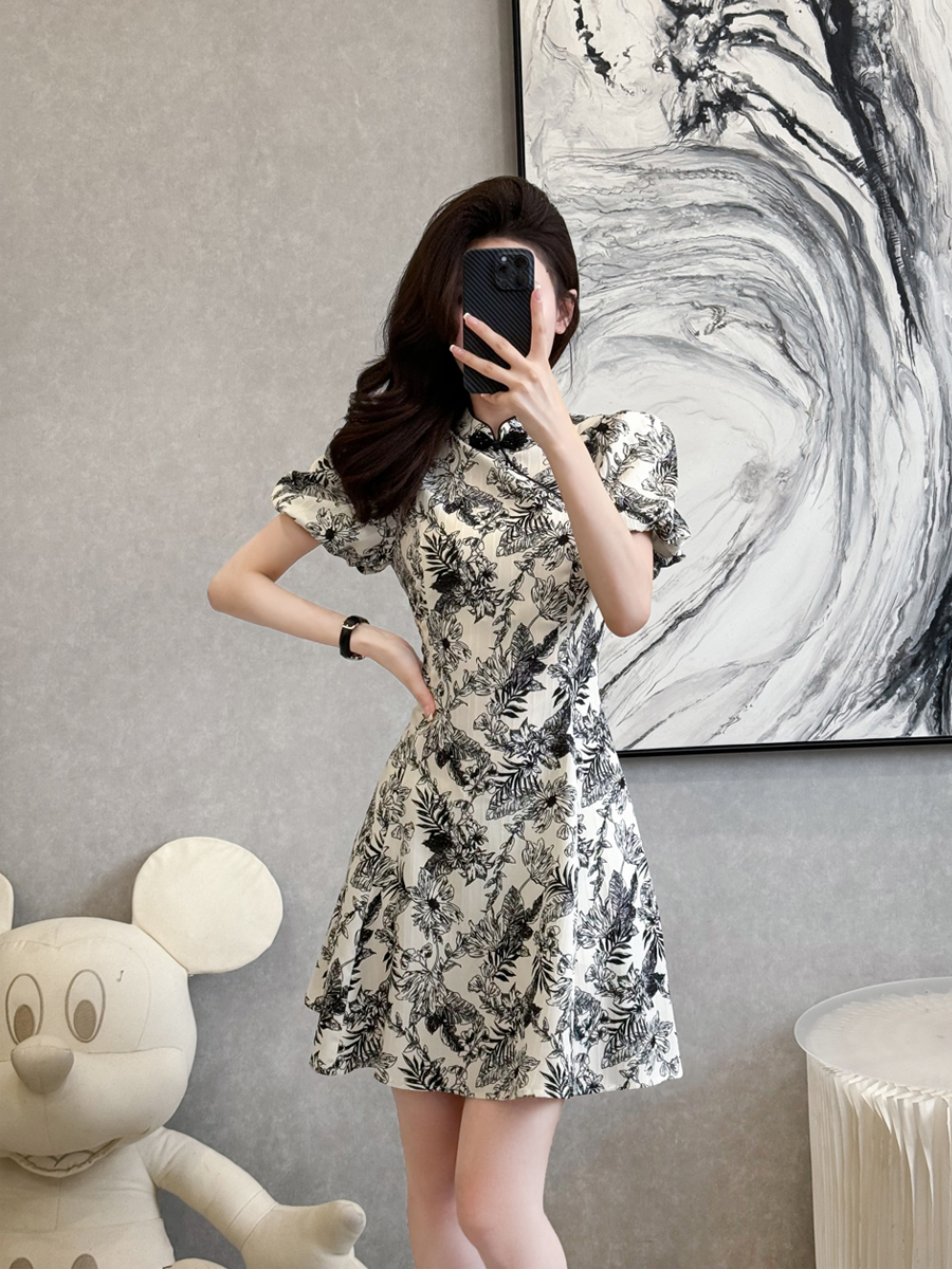 新中式旗袍裙涤纶碎花盘扣