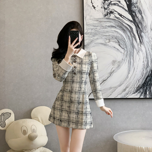 小香风长袖连衣裙女秋季法式名媛气质粗花呢A字收腰格子裙小个子